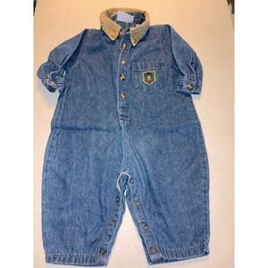Small Steps Denim Romper Corduroy Collar Embroidered Crest 12‎ Months VTG